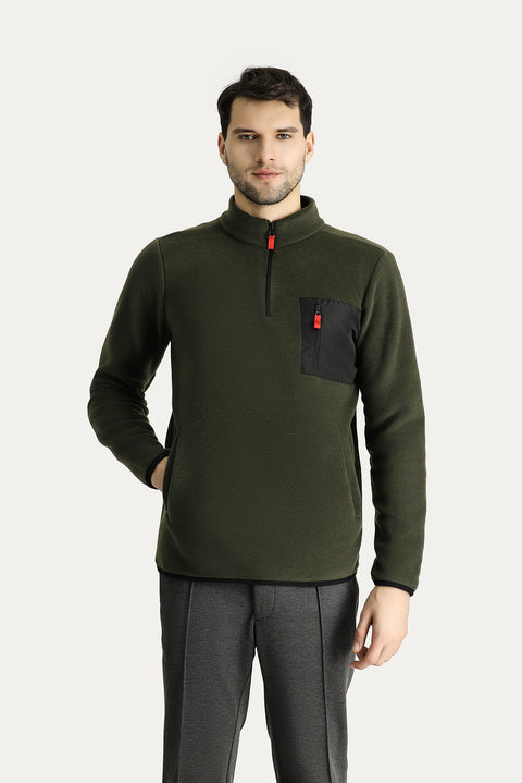Medium Khaki Stand-Up Collar Half-Zip Cold-Resistant, Non-Pilling Fleece Sweatshirt with Pocket Details