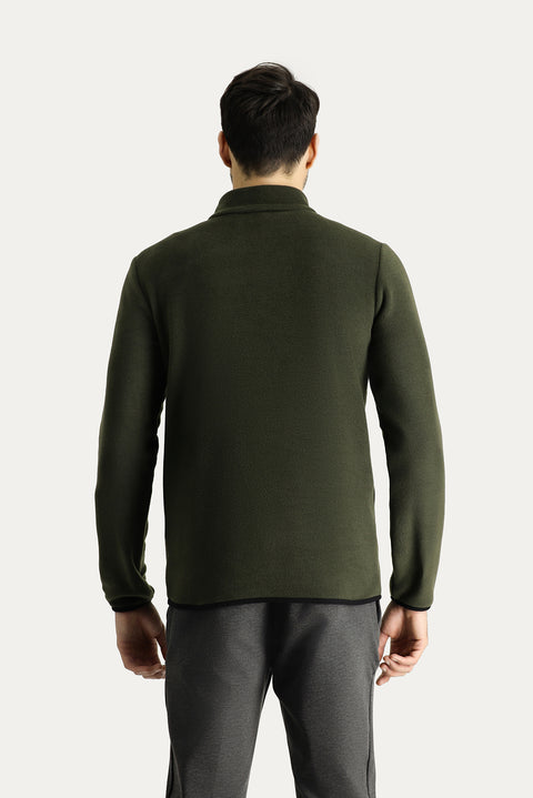Medium Khaki Stand-Up Collar Half-Zip Cold-Resistant, Non-Pilling Fleece Sweatshirt with Pocket Details