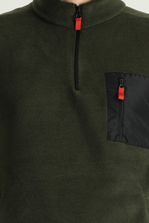 Medium Khaki Stand-Up Collar Half-Zip Cold-Resistant, Non-Pilling Fleece Sweatshirt with Pocket Details