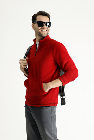  Bayrak Kırmızı Yarım Fermuarlı Polar Sweatshirt