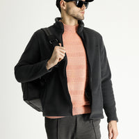 Dark Gray Embroidered Fleece Sweatshirt with Zip-Up Closure