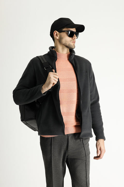 Dark Gray Embroidered Fleece Sweatshirt with Zip-Up Closure