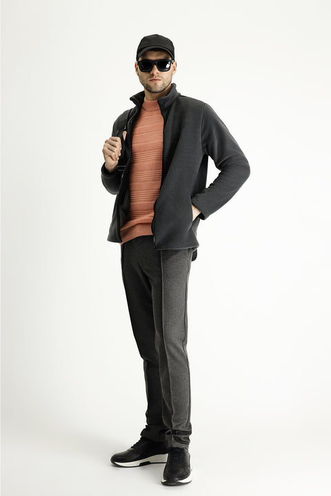 Dark Gray Embroidered Fleece Sweatshirt with Zip-Up Closure