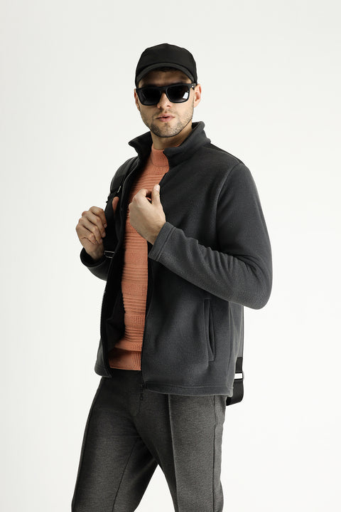 Dark Gray Embroidered Fleece Sweatshirt with Zip-Up Closure
