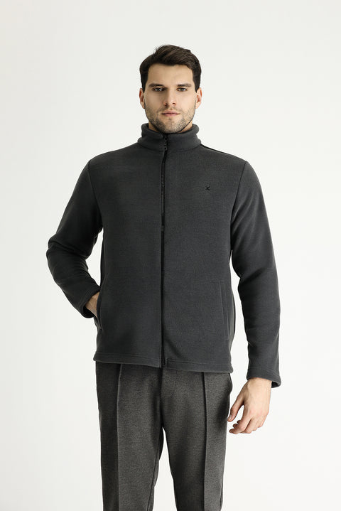 Dark Gray Embroidered Fleece Sweatshirt with Zip-Up Closure