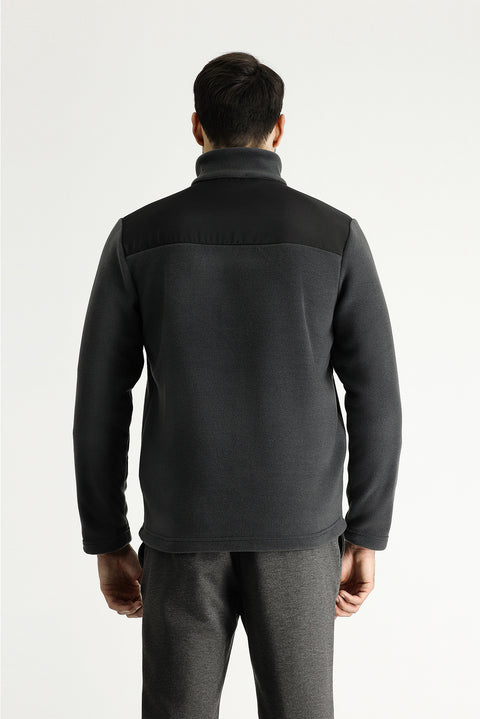 Dark Gray Embroidered Fleece Sweatshirt with Zip-Up Closure