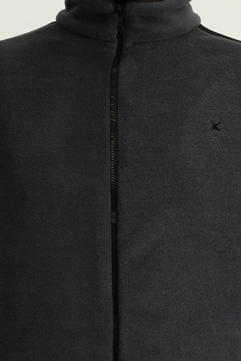 Dark Gray Embroidered Fleece Sweatshirt with Zip-Up Closure