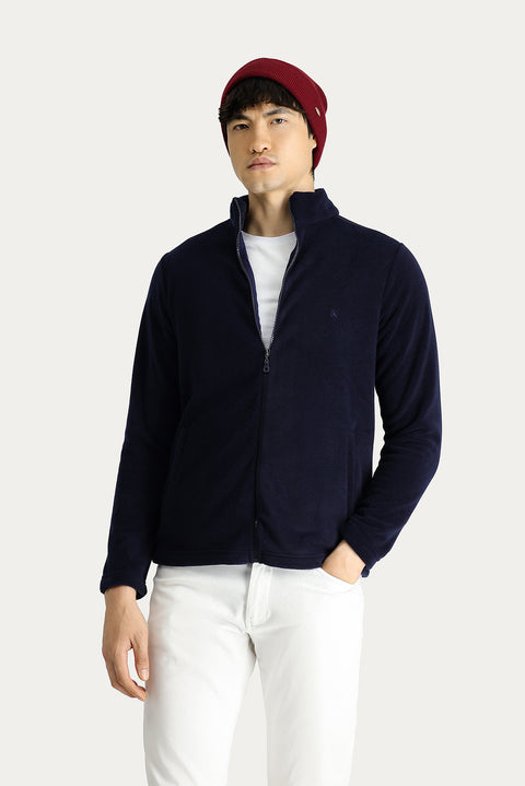 Dark Navy Embroidered Fleece Sweatshirt with Zip-Up