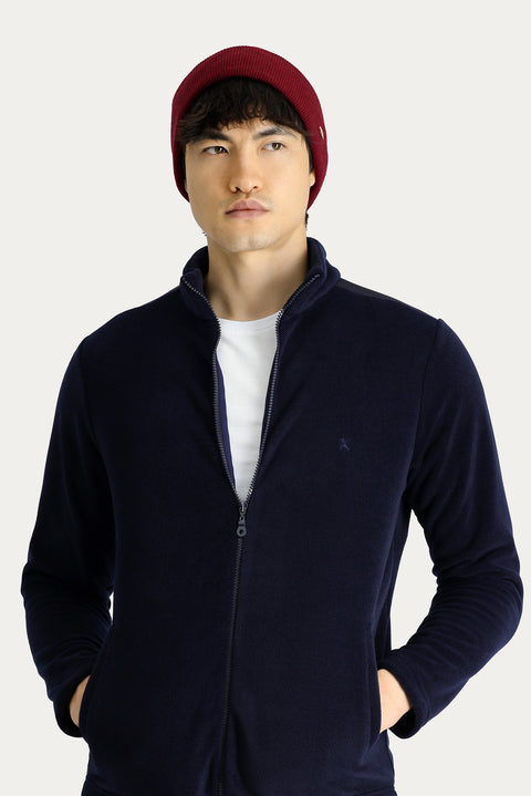 Dark Navy Embroidered Fleece Sweatshirt with Zip-Up