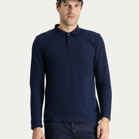 Dark Navy Polo Collar Slim Fit Embroidered Cotton Sweatshirt