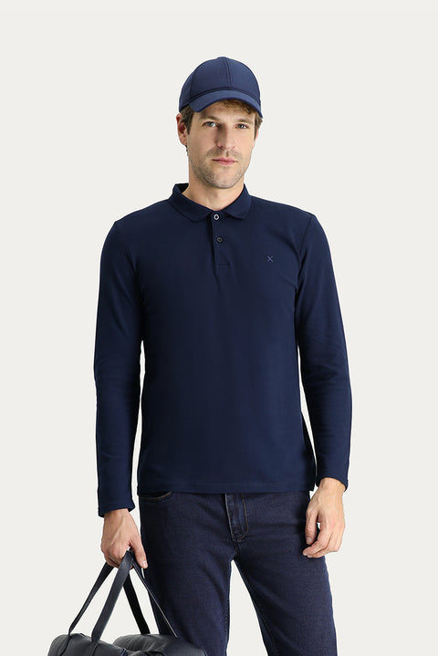 Dark Navy Polo Collar Slim Fit Embroidered Cotton Sweatshirt
