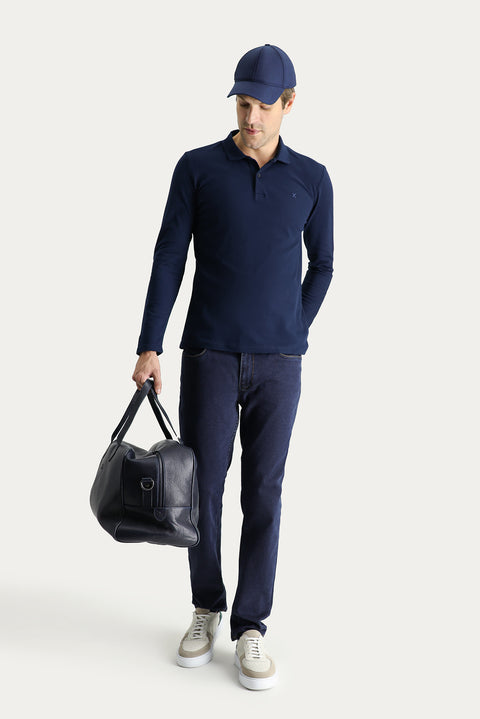 Dark Navy Polo Collar Slim Fit Embroidered Cotton Sweatshirt