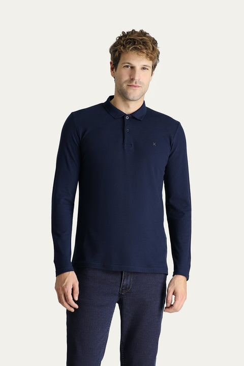 Dark Navy Polo Collar Slim Fit Embroidered Cotton Sweatshirt