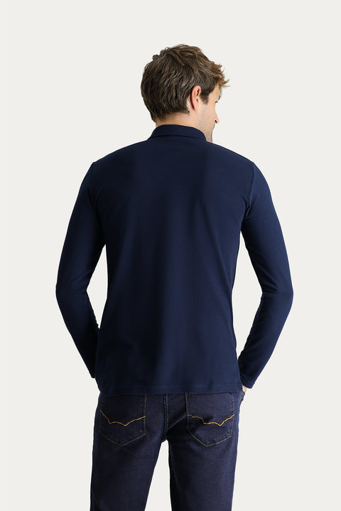 Dark Navy Polo Collar Slim Fit Embroidered Cotton Sweatshirt