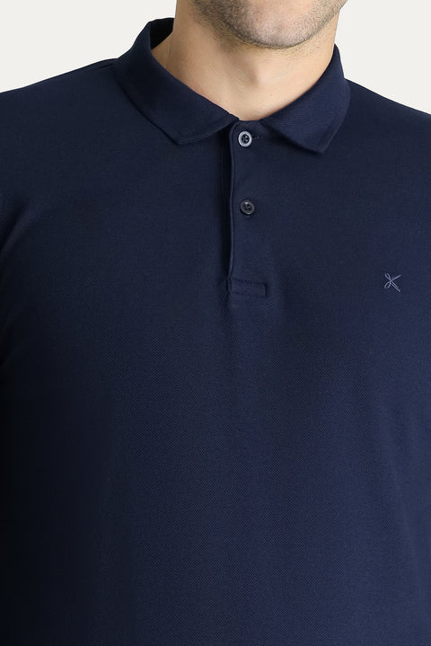 Dark Navy Polo Collar Slim Fit Embroidered Cotton Sweatshirt