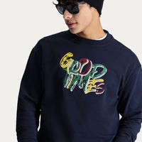 Dark Navy Crew Neck Printed Oversize Cotton Sweatshirt