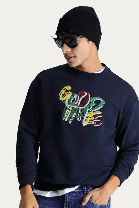 Dark Navy Crew Neck Printed Oversize Cotton Sweatshirt