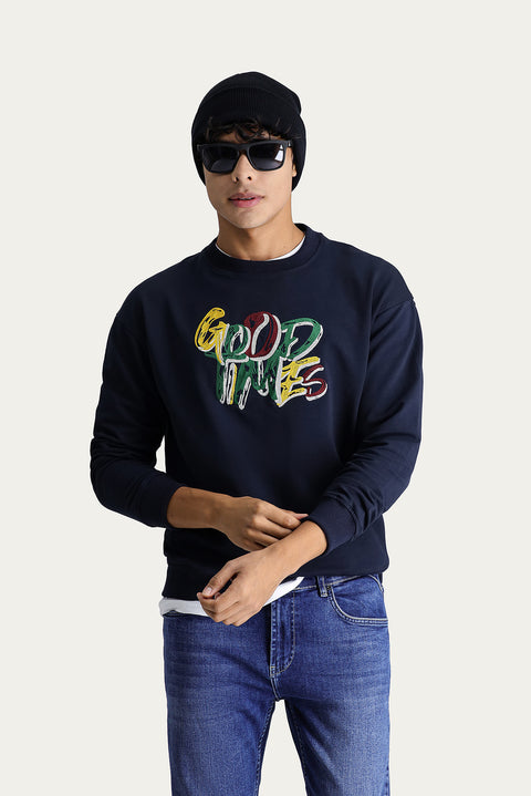 Dark Navy Crew Neck Printed Oversize Cotton Sweatshirt