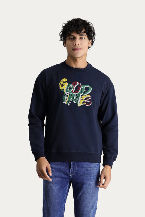 Dark Navy Crew Neck Printed Oversize Cotton Sweatshirt