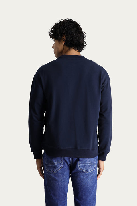 Dark Navy Crew Neck Printed Oversize Cotton Sweatshirt