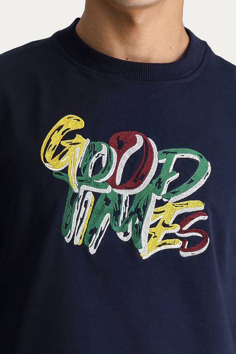 Dark Navy Crew Neck Printed Oversize Cotton Sweatshirt
