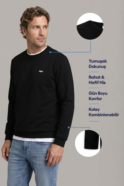 Siyah Bisiklet Yaka Regular Fit Nakışlı Basic İnce Sweatshirt