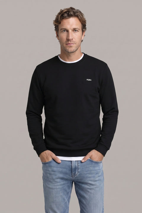 Siyah Bisiklet Yaka Regular Fit Nakışlı Basic İnce Sweatshirt