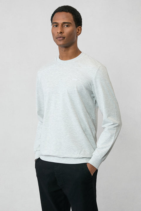 Light Gray Marl Crew Neck Regular Fit Embroidered Basic Thin Sweatshirt