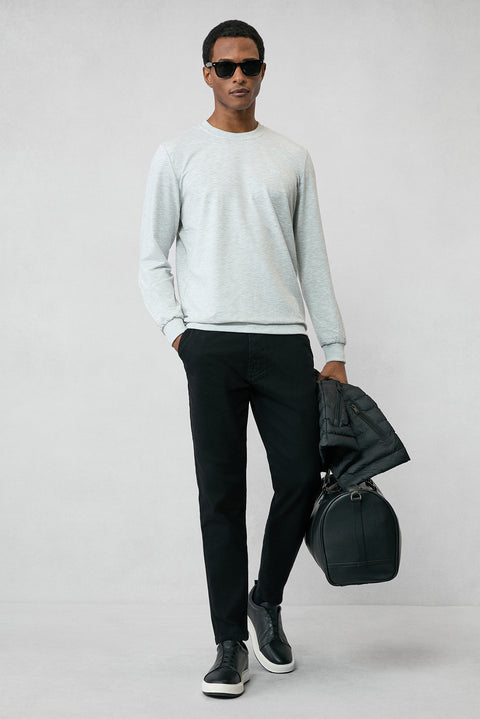 Light Gray Marl Crew Neck Regular Fit Embroidered Basic Thin Sweatshirt