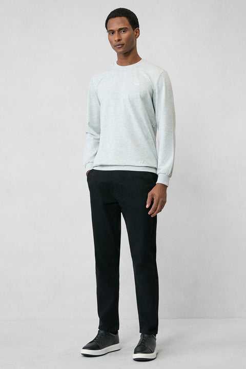 Light Gray Marl Crew Neck Regular Fit Embroidered Basic Thin Sweatshirt