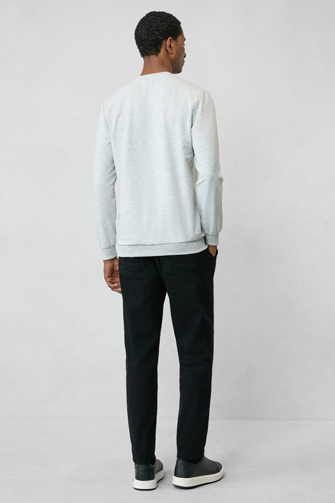 Light Gray Marl Crew Neck Regular Fit Embroidered Basic Thin Sweatshirt