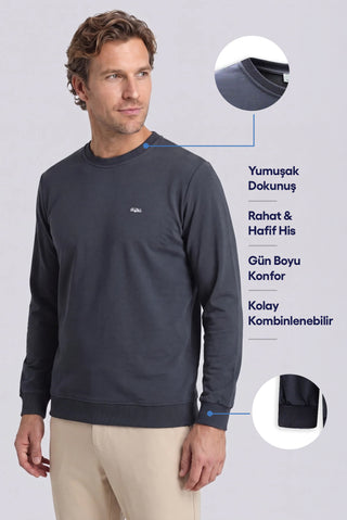  Koyu Füme Bisiklet Yaka Regular Fit Nakışlı Basic İnce Sweatshirt