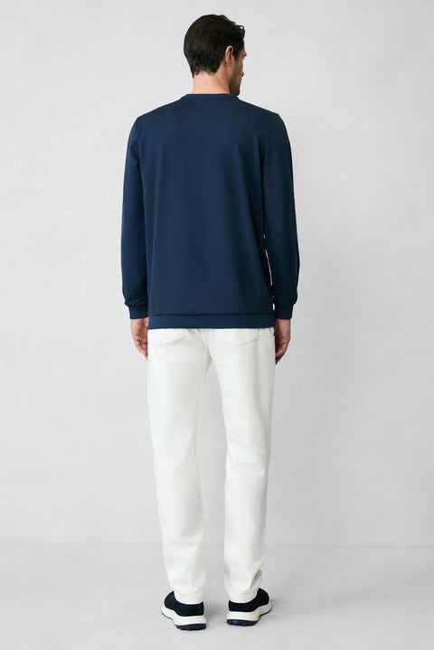 Indigo Crew Neck Regular Fit Embroidered Basic Thin Sweatshirt