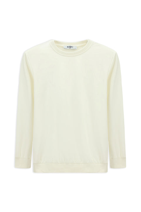 Ekru Bisiklet Yaka Regular Fit Nakışlı Basic İnce Sweatshirt