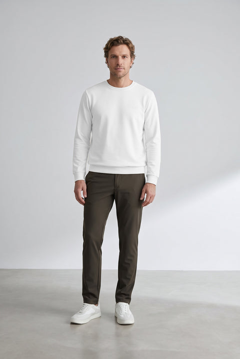 Ekru Bisiklet Yaka Regular Fit Nakışlı Basic İnce Sweatshirt