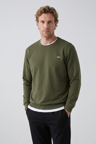  Orta Haki Bisiklet Yaka Regular Fit Nakışlı Basic İnce Sweatshirt