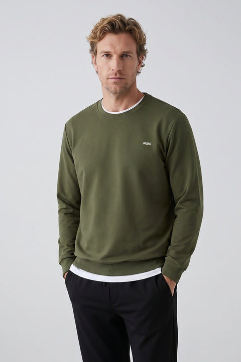 Orta Haki Bisiklet Yaka Regular Fit Nakışlı Basic İnce Sweatshirt