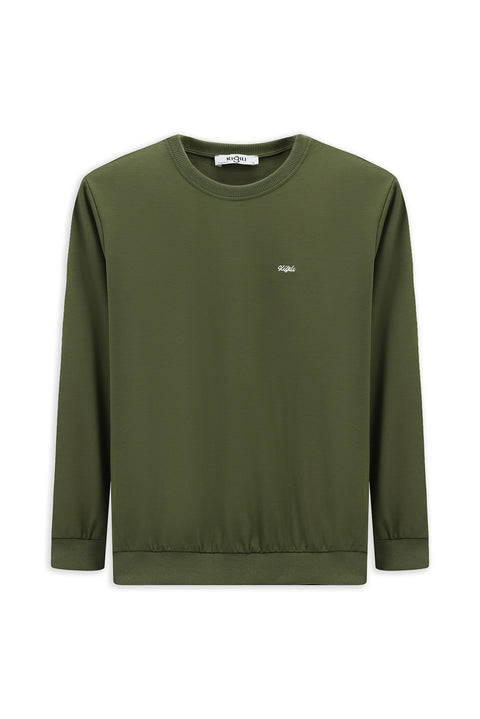 Orta Haki Bisiklet Yaka Regular Fit Nakışlı Basic İnce Sweatshirt