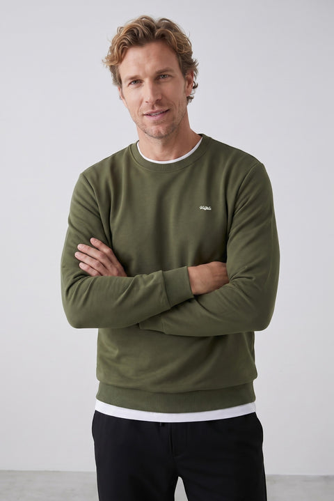 Orta Haki Bisiklet Yaka Regular Fit Nakışlı Basic İnce Sweatshirt