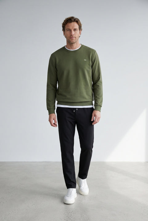 Orta Haki Bisiklet Yaka Regular Fit Nakışlı Basic İnce Sweatshirt