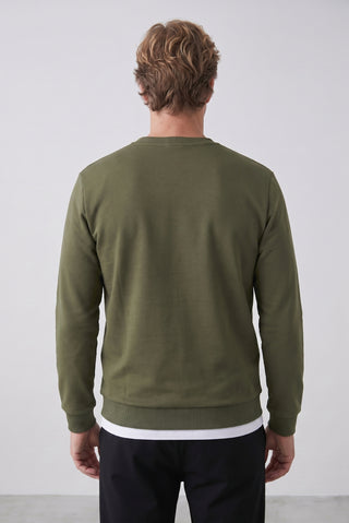  Orta Haki Bisiklet Yaka Regular Fit Nakışlı Basic İnce Sweatshirt