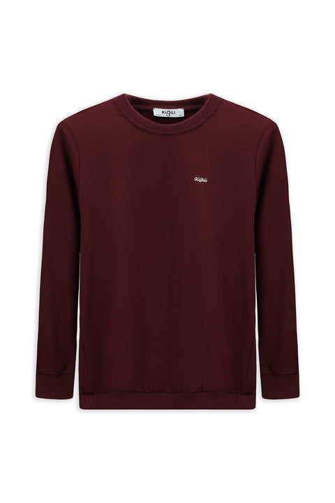 Dark Burgundy Crew Neck Regular Fit Embroidered Basic Thin Sweatshirt