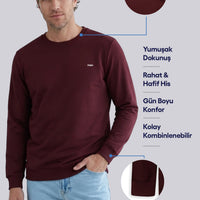 Koyu Bordo Bisiklet Yaka Regular Fit Nakışlı Basic İnce Sweatshirt