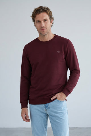  Koyu Bordo Bisiklet Yaka Regular Fit Nakışlı Basic İnce Sweatshirt