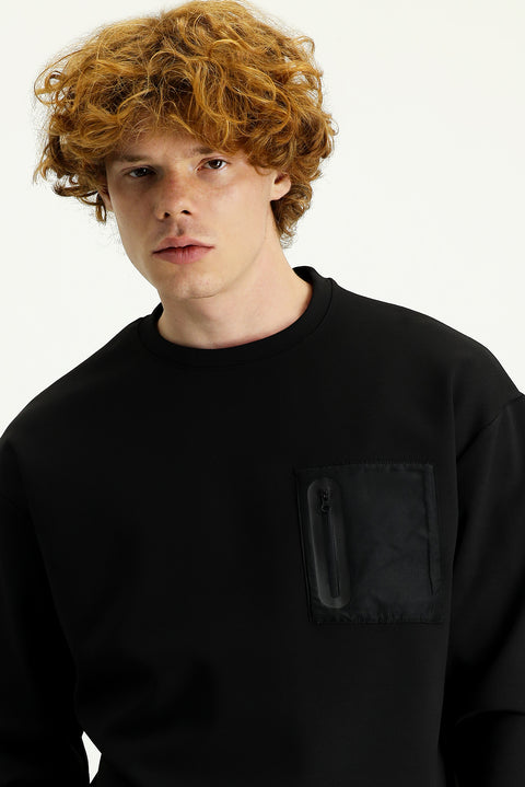 Black Crew Neck Printed Oversize Cotton Sweatshirt