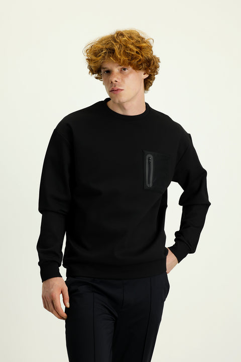 Black Crew Neck Printed Oversize Cotton Sweatshirt