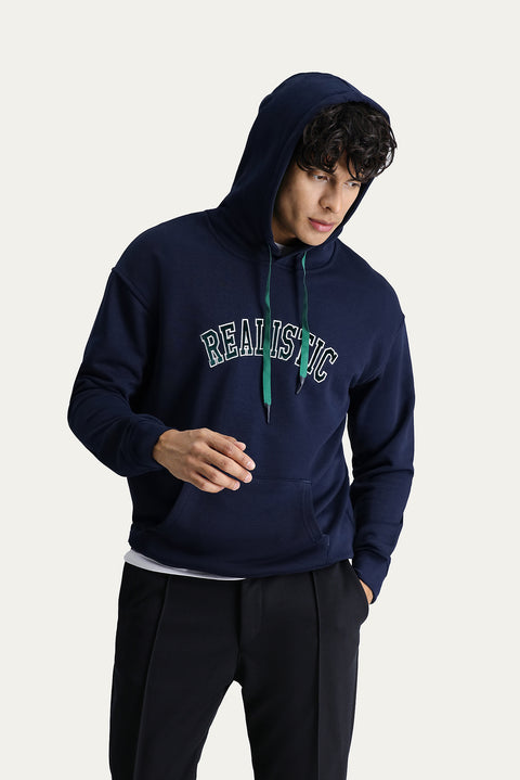 Dark Navy Hooded Embroidered Oversize Cotton Sweatshirt