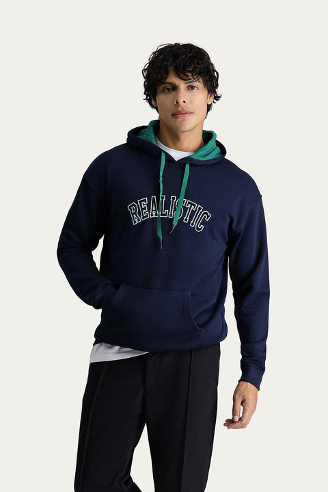 Dark Navy Hooded Embroidered Oversize Cotton Sweatshirt