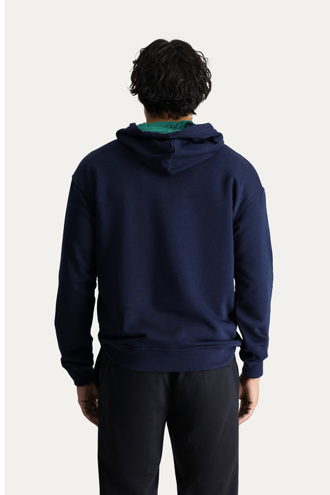Dark Navy Hooded Embroidered Oversize Cotton Sweatshirt