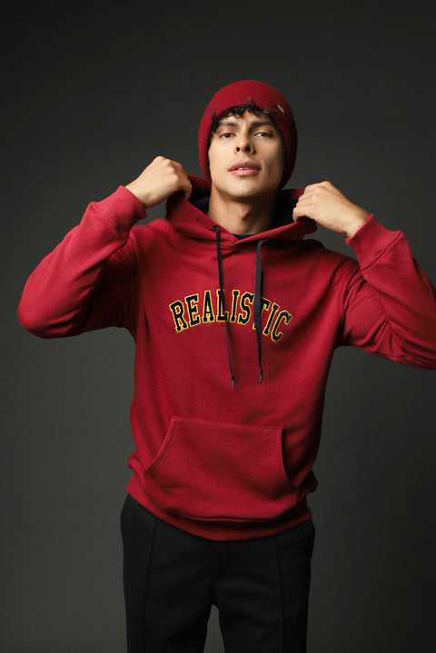 Dark Red Hooded Embroidered Oversize Cotton Sweatshirt